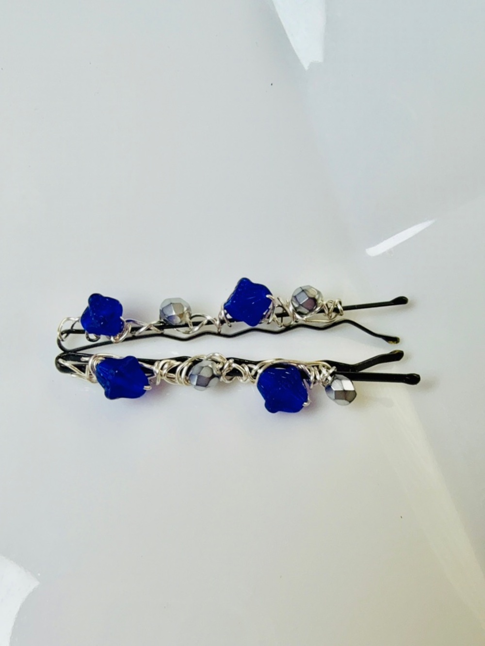 Cobalt Blue Beads and Silver Faceted Beads Beaded Bobby Pins